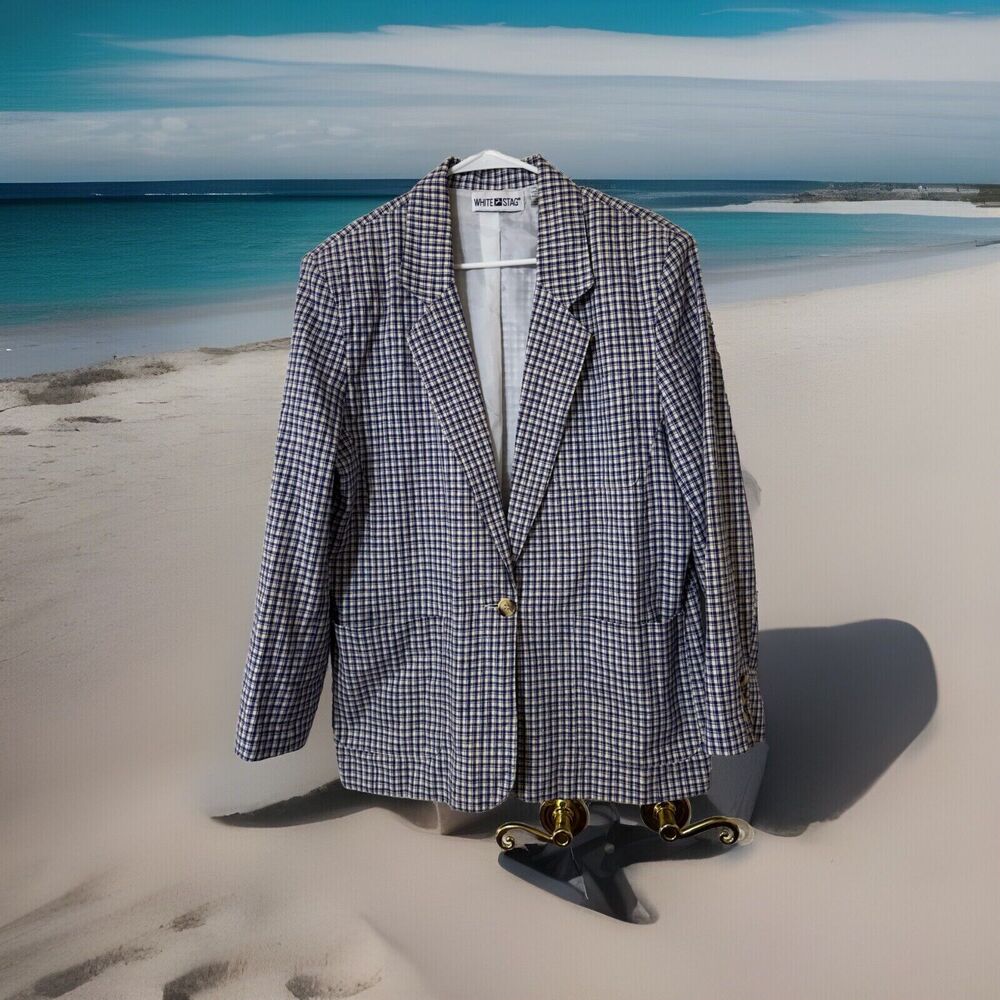 Vtg 90s White Stag Womens 10 Blue Beige Plaid Linen Cotton Pockets Blazer Jacket